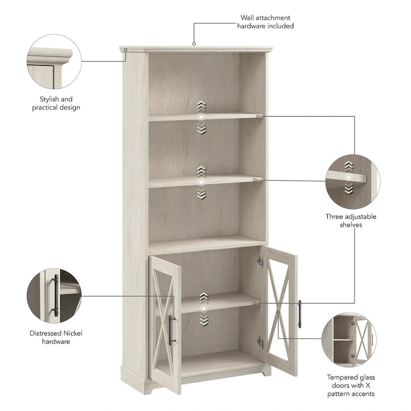 Farmhouse 5 Shelf Bookcase with Glass Doors