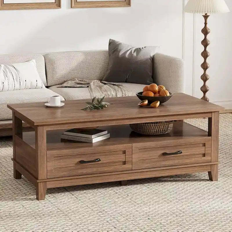 Table basse de style maison de campagne avec tiroirs et étagère ouverte