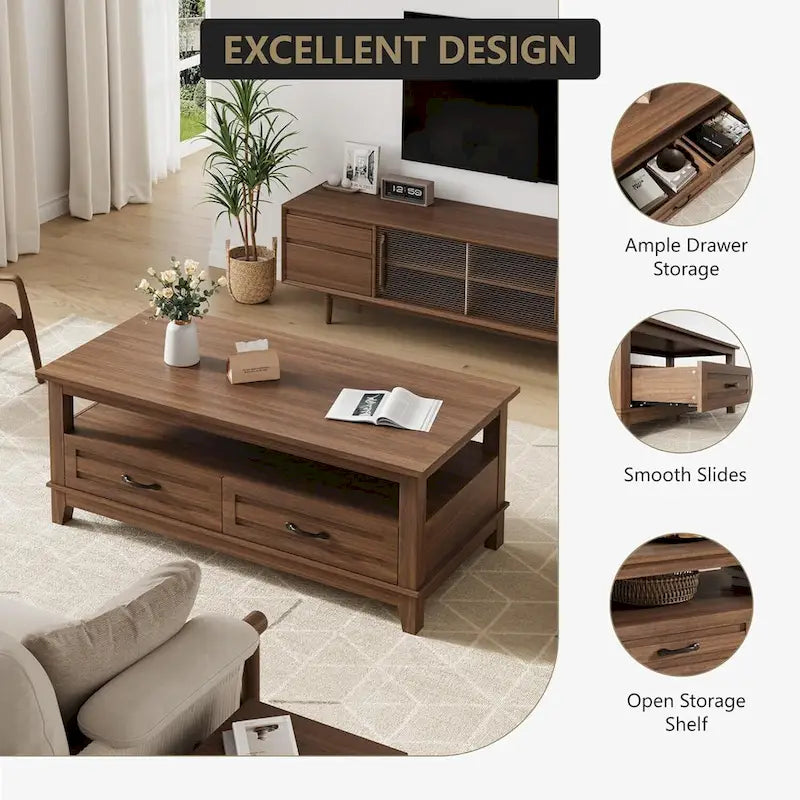 Farmhouse Coffee Table with Drawers and Open Shelf