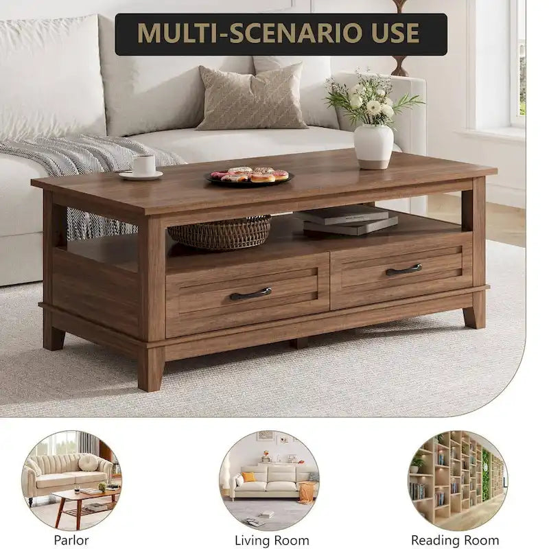 Table basse de style maison de campagne avec tiroirs et étagère ouverte