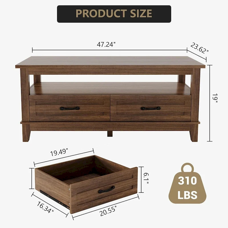 Farmhouse Coffee Table with Drawers and Open Shelf