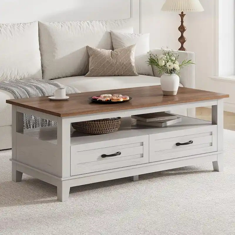 Table basse de style maison de campagne avec tiroirs et étagère ouverte