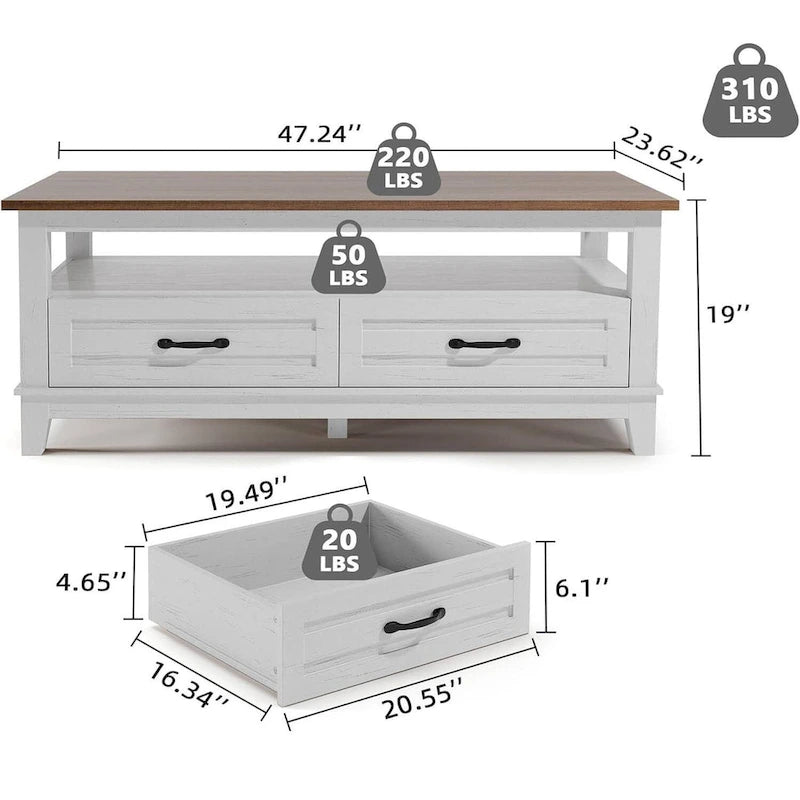 Table basse de style maison de campagne avec tiroirs et étagère ouverte