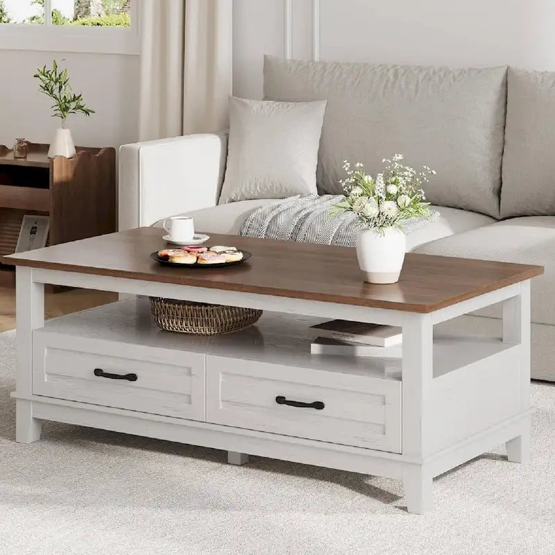 Table basse de style maison de campagne avec tiroirs et étagère ouverte