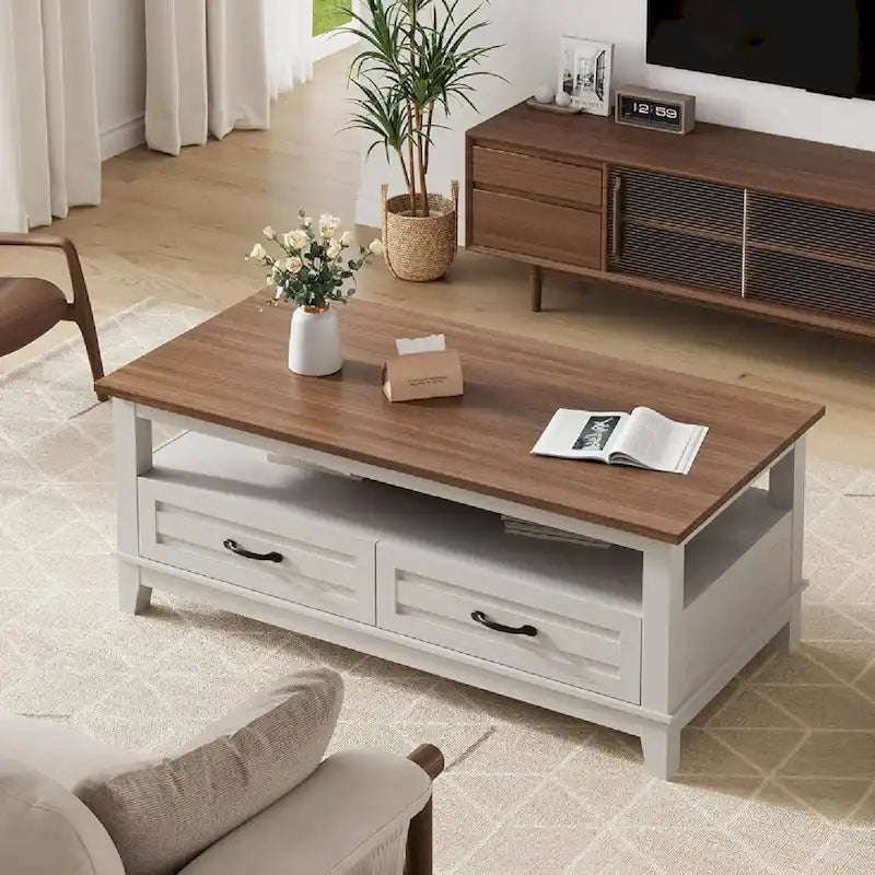 Table basse de style maison de campagne avec tiroirs et étagère ouverte