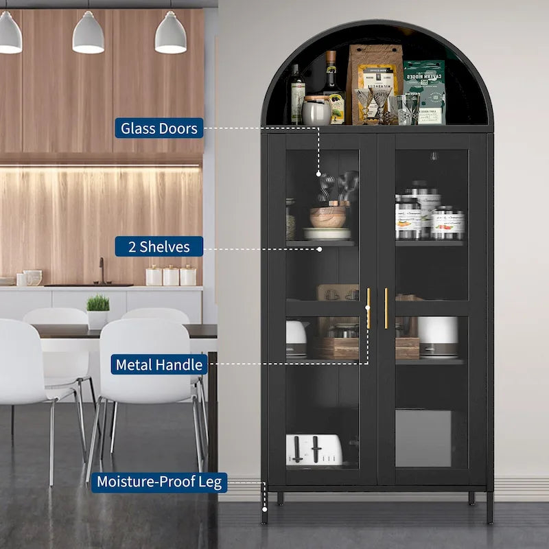 73 Zoll hoher Metall-Bogenschrank mit Glastüren und 2 verstellbaren Einlegeböden