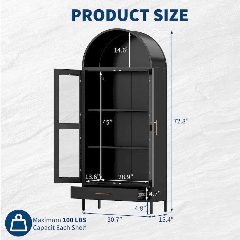 73 in Tall Metal Arched Cabinet with Glass Doors and 2 Adjustable Shelves