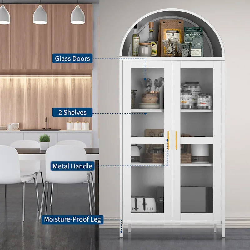 73 in Tall Metal Arched Cabinet with Glass Doors and 2 Adjustable Shelves