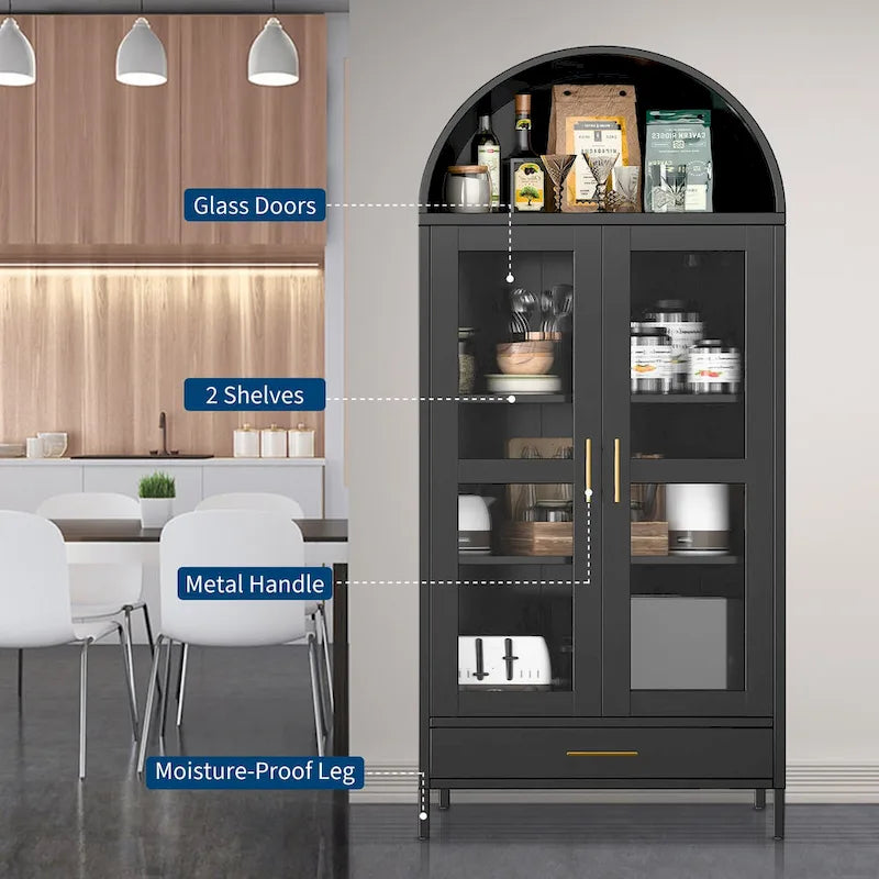 73 in Tall Metal Arched Cabinet with Glass Doors and 2 Adjustable Shelves
