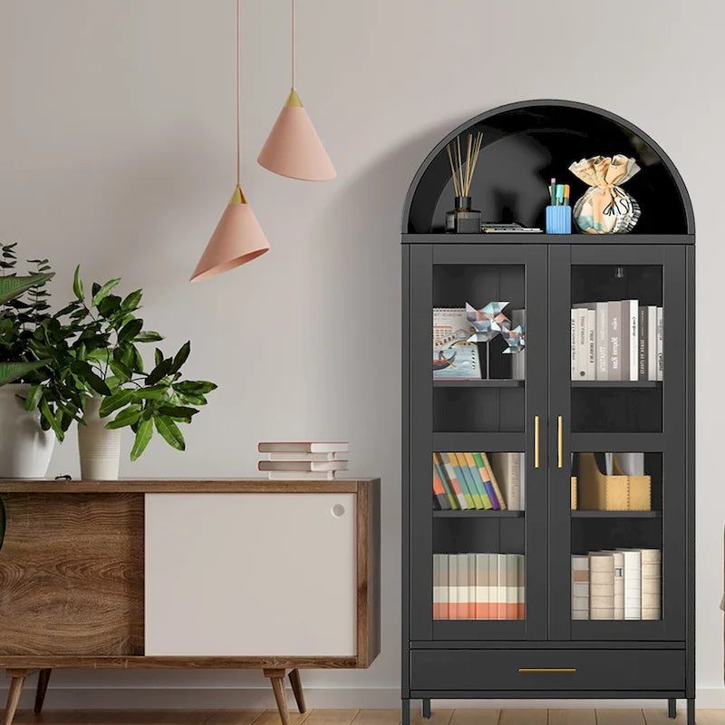 73 Zoll hoher Metall-Bogenschrank mit Glastüren und 2 verstellbaren Einlegeböden