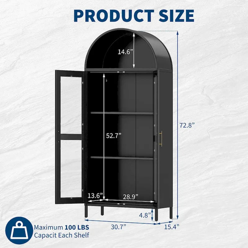 73 Zoll hoher Metall-Bogenschrank mit Glastüren und 2 verstellbaren Einlegeböden