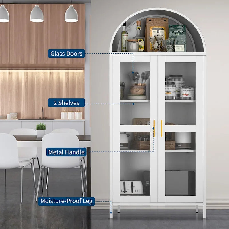 73 Zoll hoher Metall-Bogenschrank mit Glastüren und 2 verstellbaren Einlegeböden