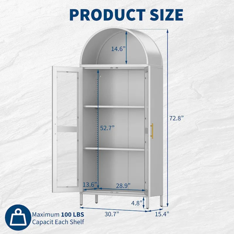73 Zoll hoher Metall-Bogenschrank mit Glastüren und 2 verstellbaren Einlegeböden