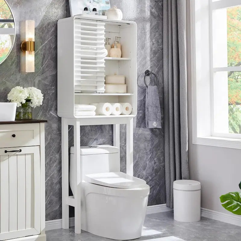Schrank zur Aufbewahrung über der Toilette mit Lamellentür