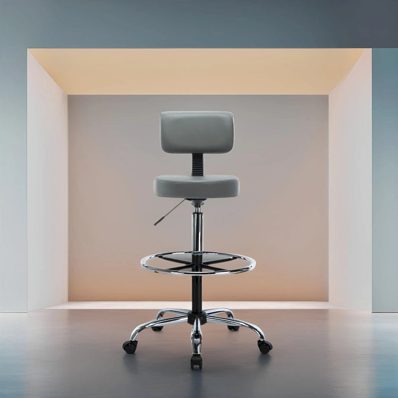 Height Adjustable Drafting Stool with Faux Leather and Rolling Wheels