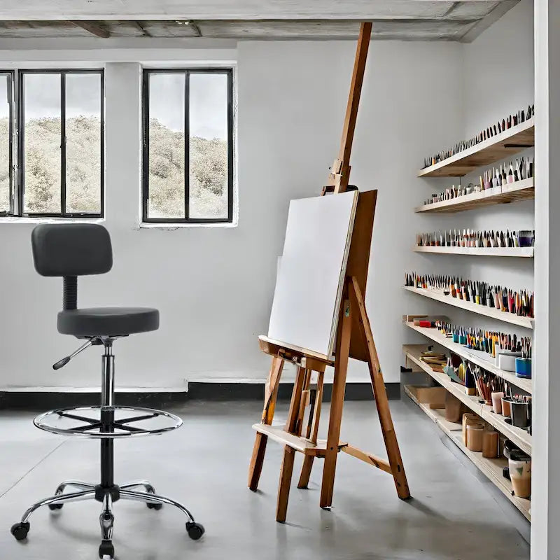 Height Adjustable Drafting Stool with Faux Leather and Rolling Wheels