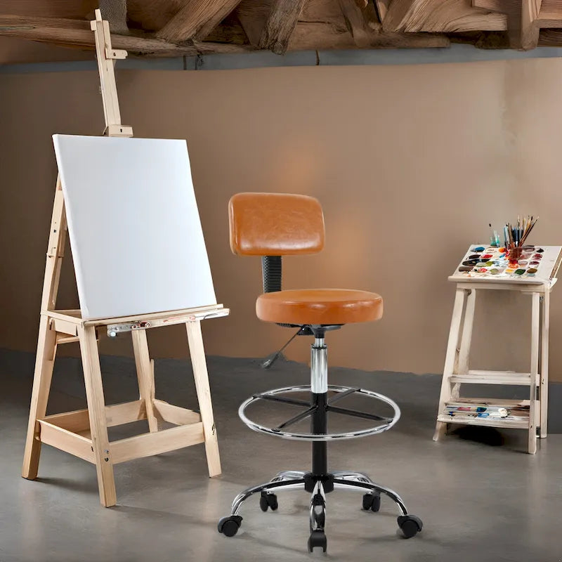 Height Adjustable Drafting Stool with Faux Leather and Rolling Wheels