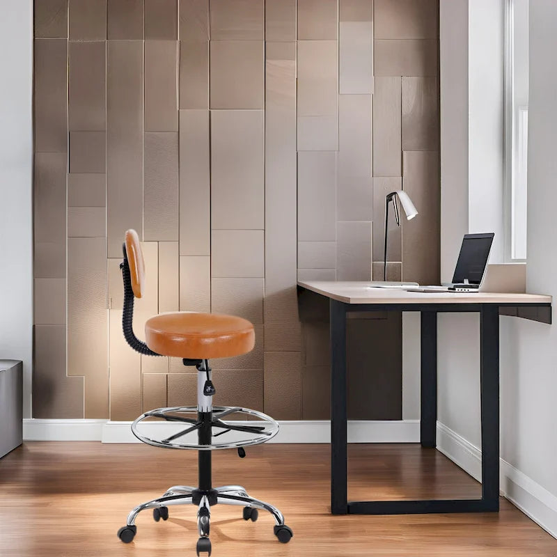 Height Adjustable Drafting Stool with Faux Leather and Rolling Wheels