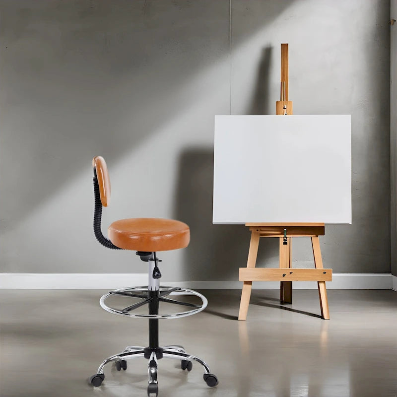 Height Adjustable Drafting Stool with Faux Leather and Rolling Wheels