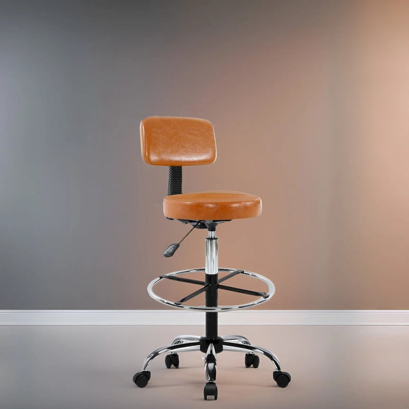 Height Adjustable Drafting Stool with Faux Leather and Rolling Wheels