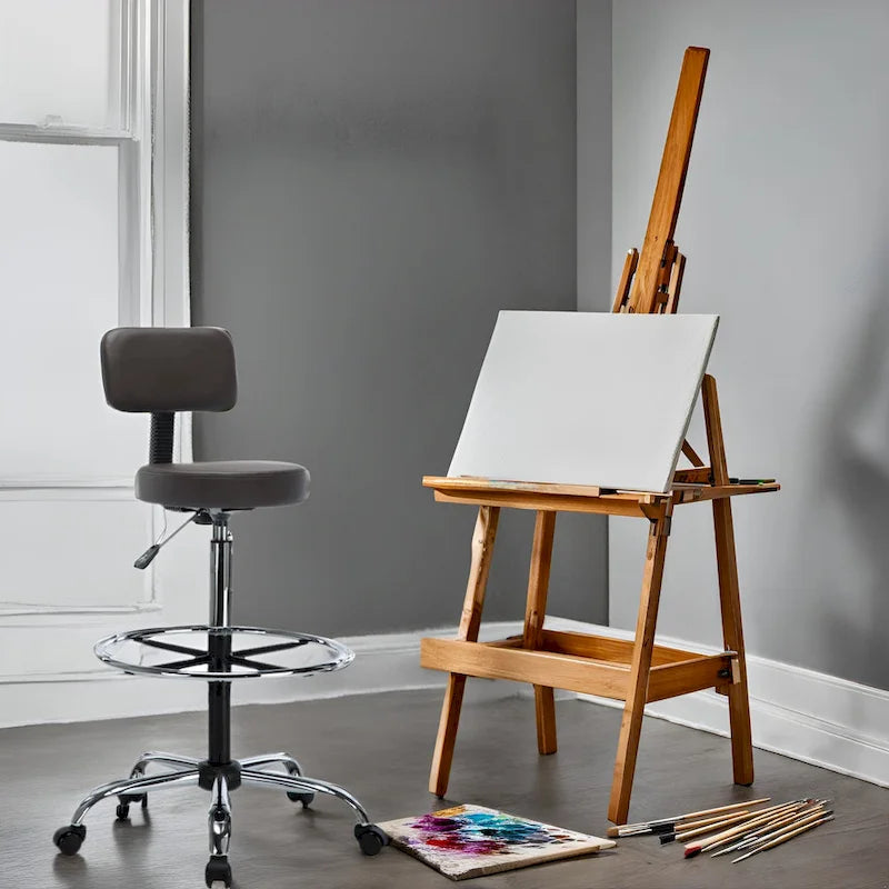 Height Adjustable Drafting Stool with Faux Leather and Rolling Wheels