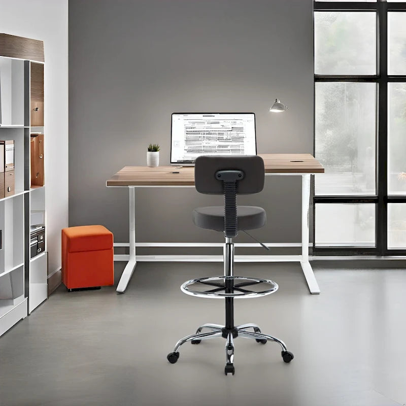 Height Adjustable Drafting Stool with Faux Leather and Rolling Wheels