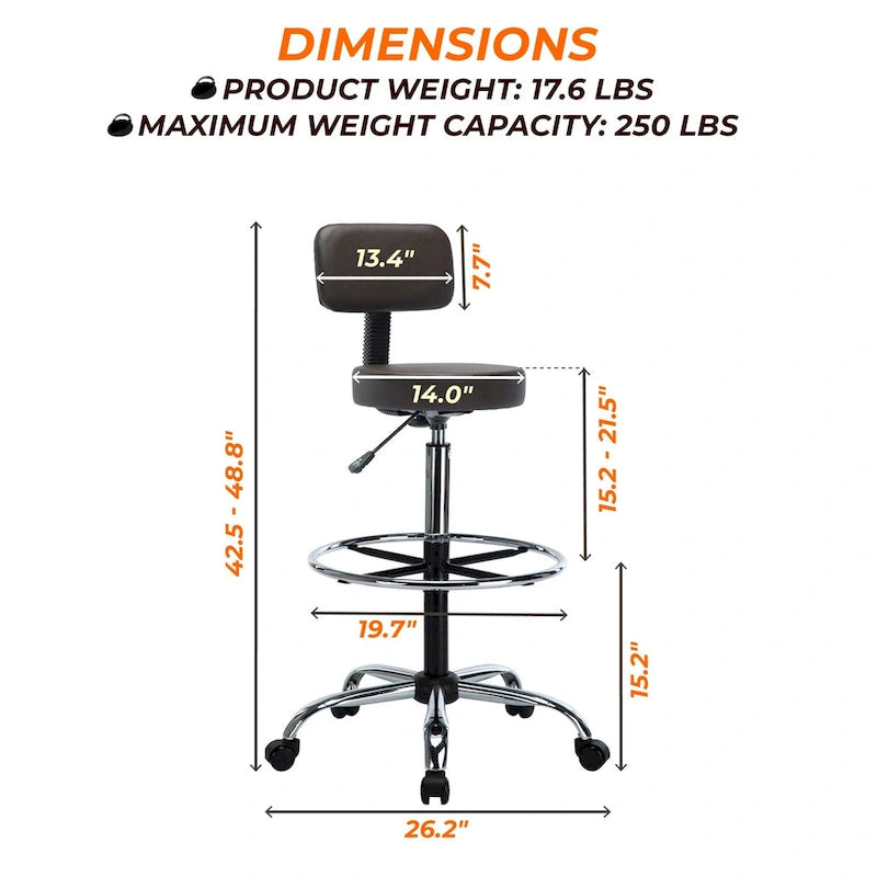 Height Adjustable Drafting Stool with Faux Leather and Rolling Wheels