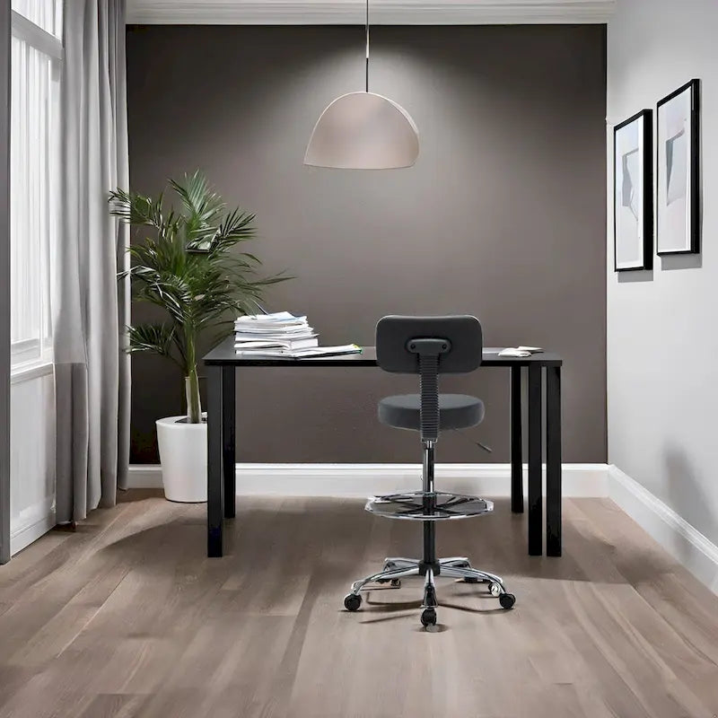 Height Adjustable Drafting Stool with Faux Leather and Rolling Wheels