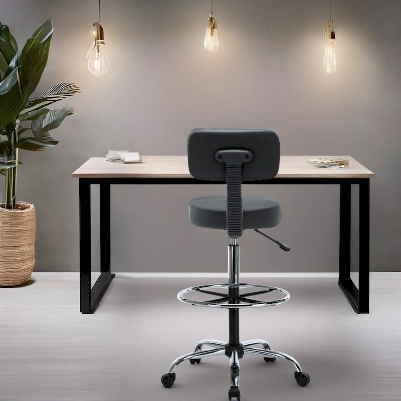 Height Adjustable Drafting Stool with Faux Leather and Rolling Wheels