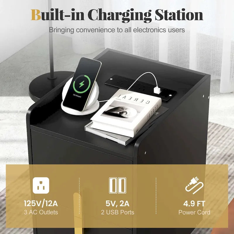 Table de chevet avec station de recharge, tables d’appoint pour lit et canapé