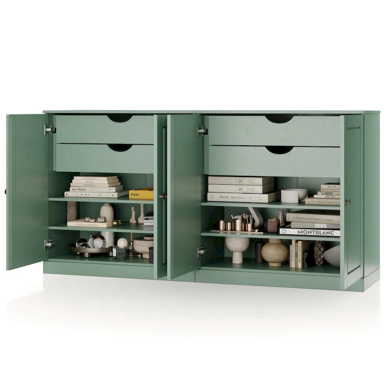 100% Solid Wood 64" Sideboard with Solid Doors, 4 Drawers and Adjustable Shelves