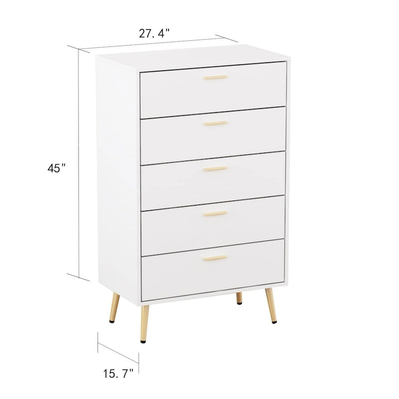 5-Drawer Chest Dresser in White & Gold