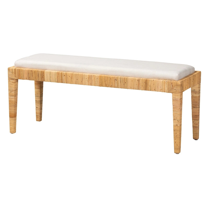 Banco bohemio moderno de ratán marrón natural y madera de caoba