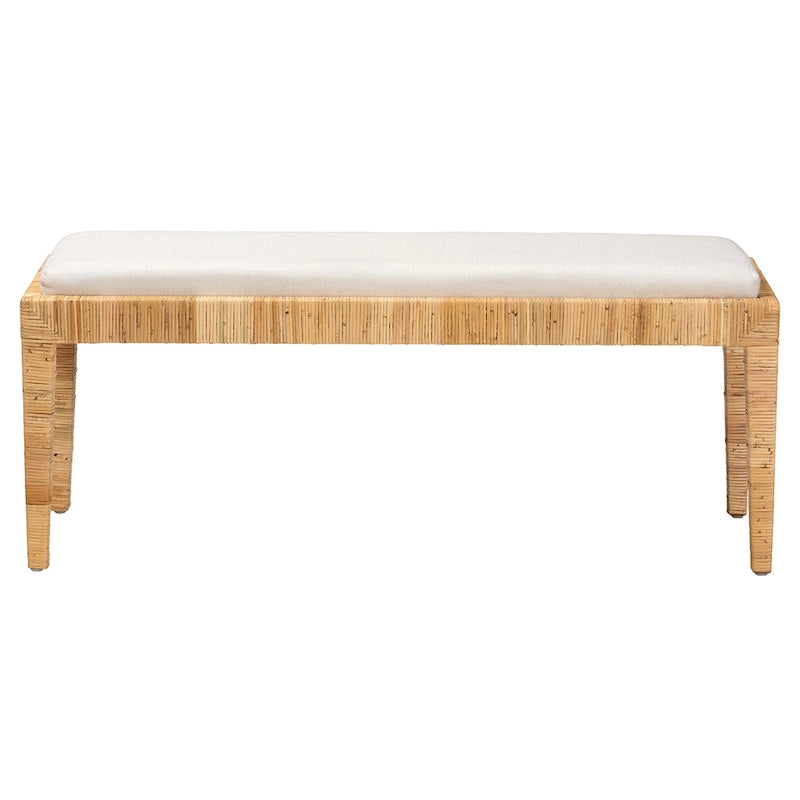 Banco bohemio moderno de ratán marrón natural y madera de caoba