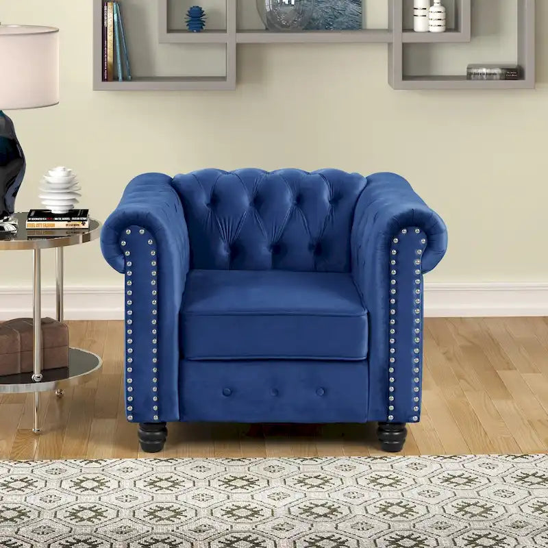 Velvet Club Chair, Button Tufted Upholstered Armchair with Nailhead and Solid Wood Legs for Living Room
