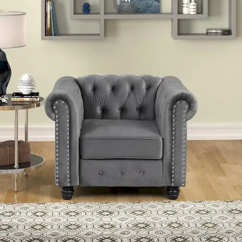 Velvet Club Chair, Button Tufted Upholstered Armchair with Nailhead and Solid Wood Legs for Living Room