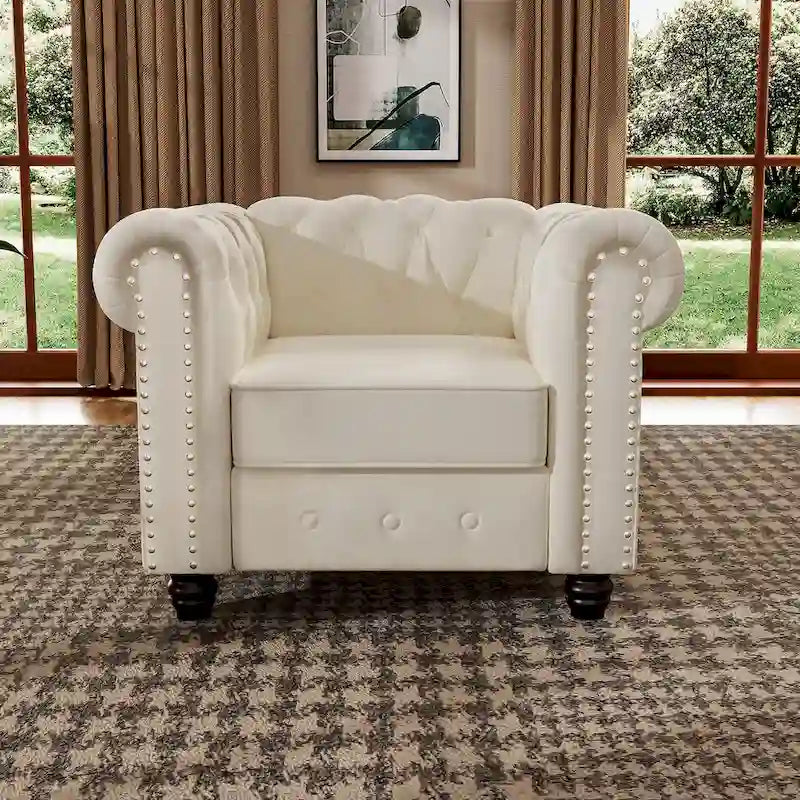 Velvet Club Chair, Button Tufted Upholstered Armchair with Nailhead and Solid Wood Legs for Living Room