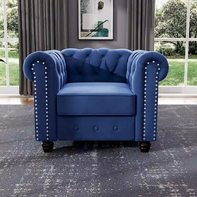 Velvet Club Chair, Button Tufted Upholstered Armchair with Nailhead and Solid Wood Legs for Living Room