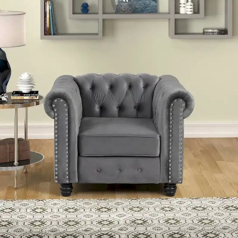 Velvet Club Chair, Button Tufted Upholstered Armchair with Nailhead and Solid Wood Legs for Living Room