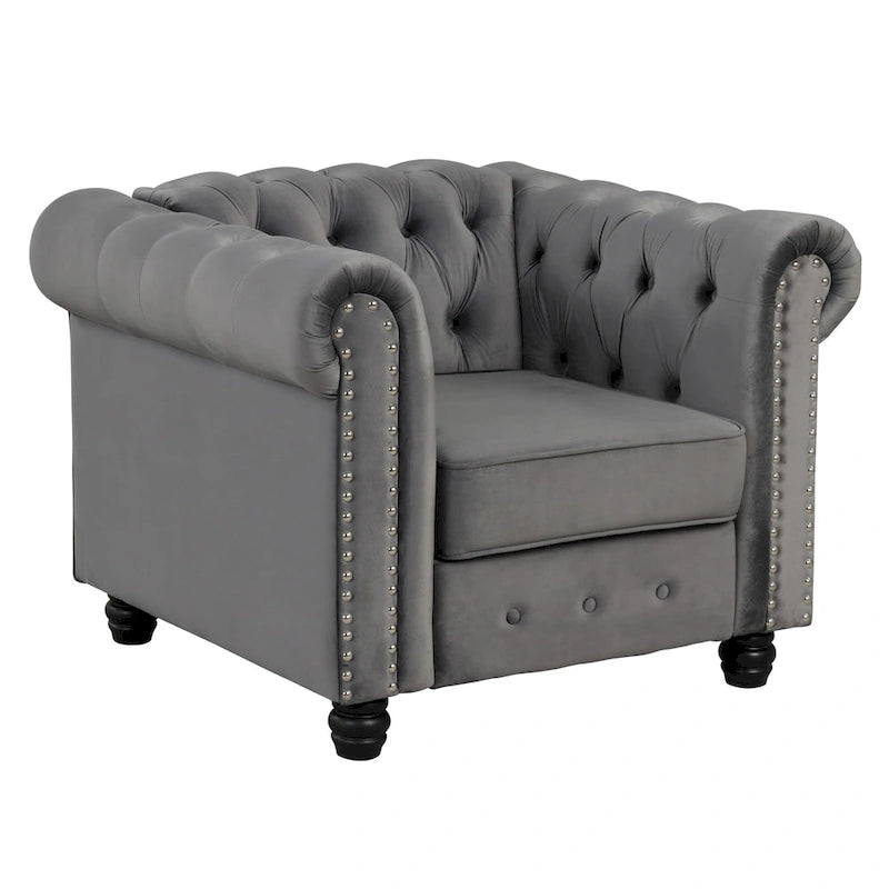 Velvet Club Chair, Button Tufted Upholstered Armchair with Nailhead and Solid Wood Legs for Living Room
