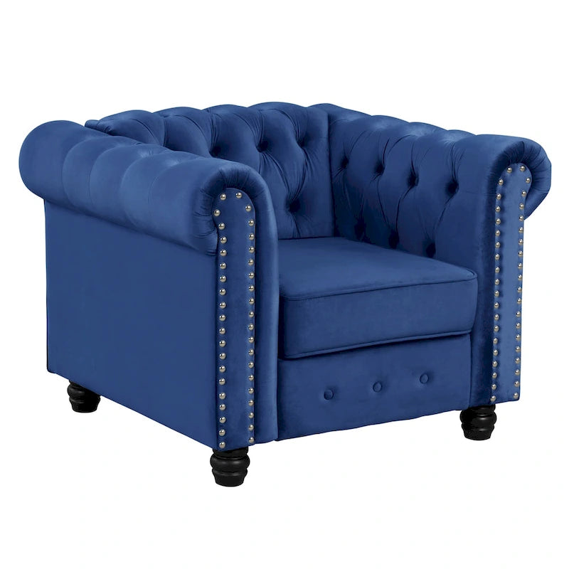Velvet Club Chair, Button Tufted Upholstered Armchair with Nailhead and Solid Wood Legs for Living Room