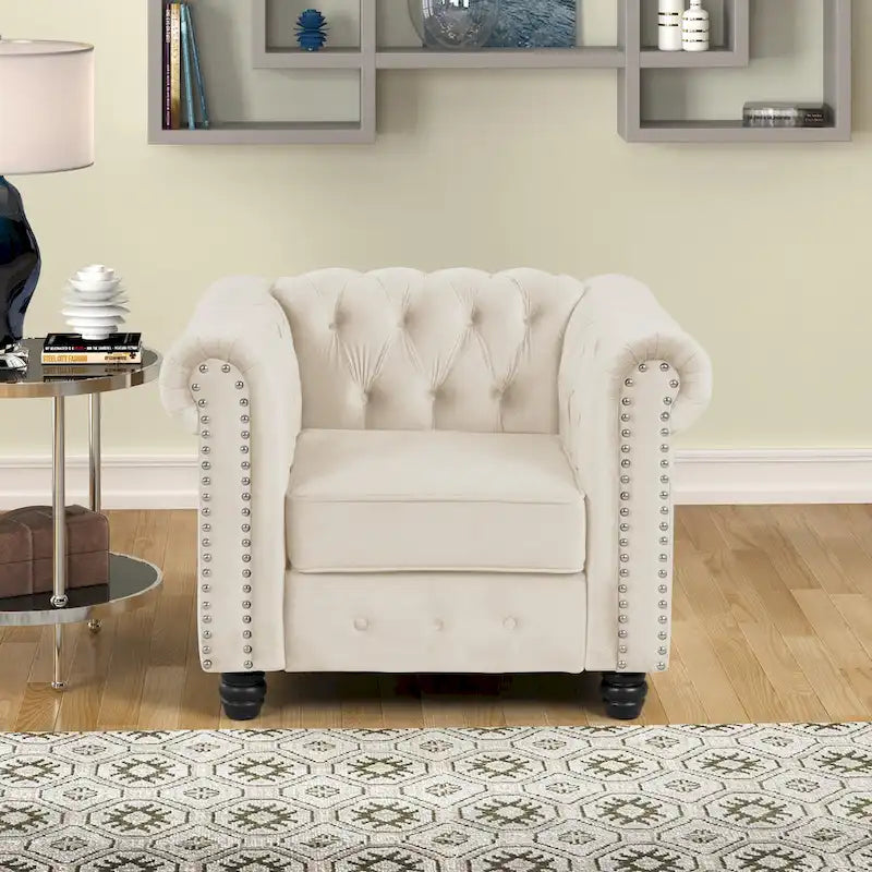 Velvet Club Chair, Button Tufted Upholstered Armchair with Nailhead and Solid Wood Legs for Living Room