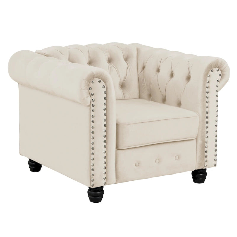 Velvet Club Chair, Button Tufted Upholstered Armchair with Nailhead and Solid Wood Legs for Living Room