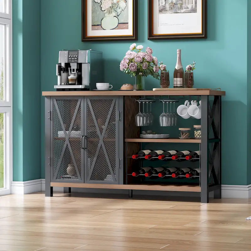 Buffet Bar Cabinet with Wine Rack, Modern Buffet/Sideboard Wine Bar Dining Server, Grey/Brown
