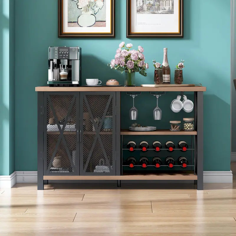 Buffet Bar Cabinet with Wine Rack, Modern Buffet/Sideboard Wine Bar Dining Server, Grey/Brown