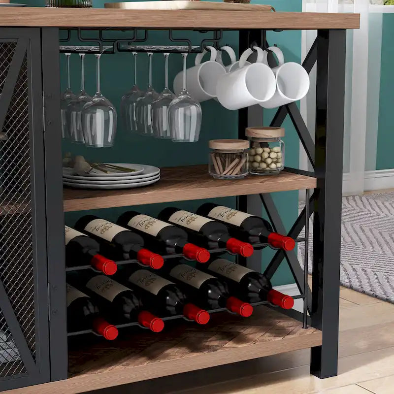 Buffet Bar Cabinet with Wine Rack, Modern Buffet/Sideboard Wine Bar Dining Server, Grey/Brown