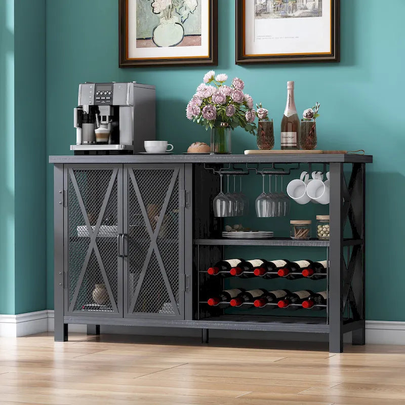 Buffet Bar Cabinet with Wine Rack, Modern Buffet/Sideboard Wine Bar Dining Server, Grey/Brown