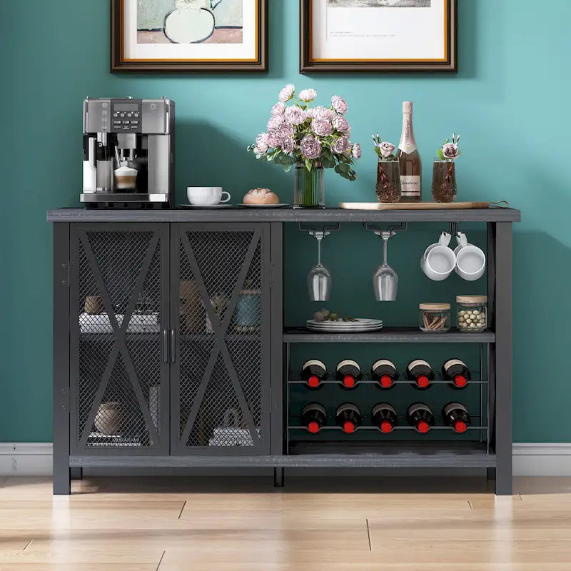 Buffet Bar Cabinet with Wine Rack, Modern Buffet/Sideboard Wine Bar Dining Server, Grey/Brown