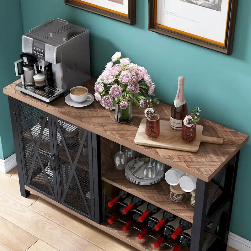 Mobile bar buffet con portabottiglie, buffet/credenza moderna con bar per vini e mobile da pranzo, grigio/marrone