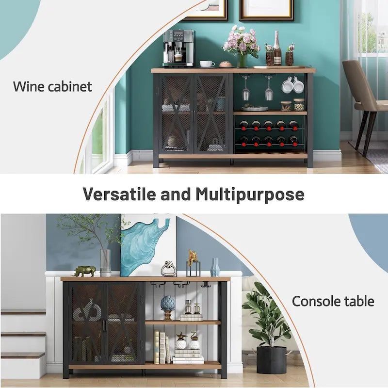 Mobile bar buffet con portabottiglie, buffet/credenza moderna con bar per vini e mobile da pranzo, grigio/marrone